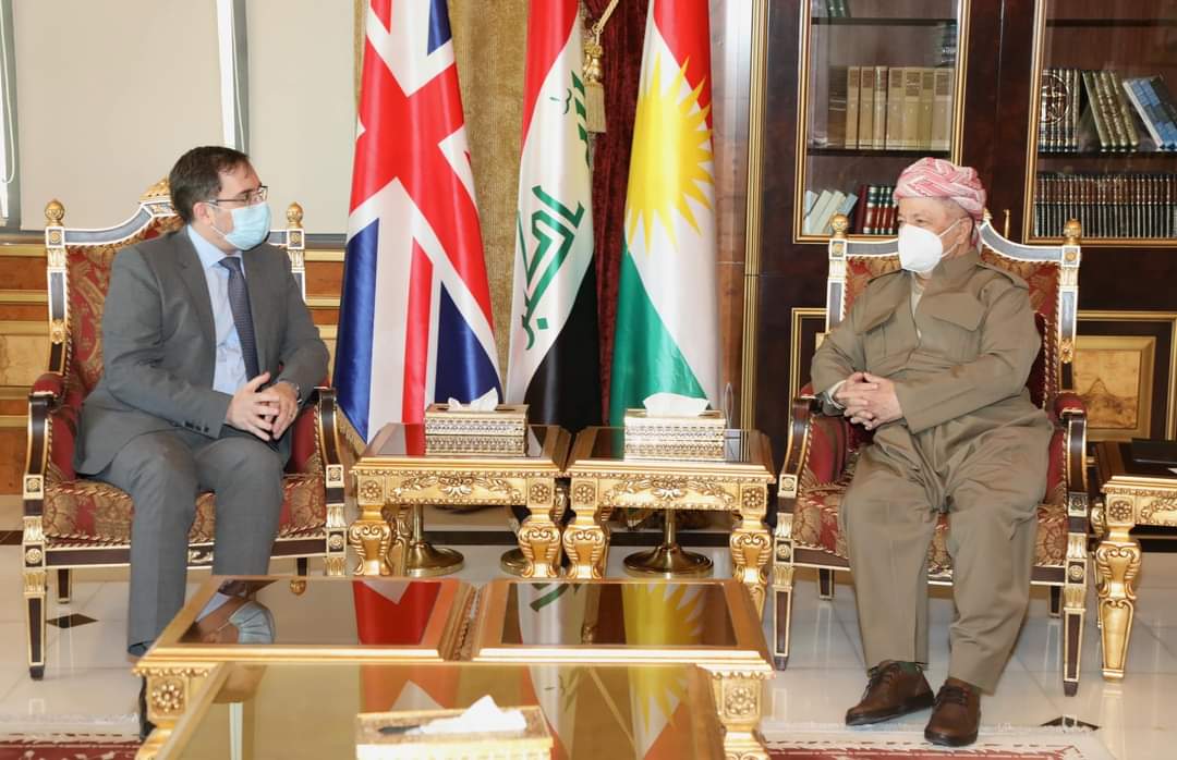 KDP President Masoud Barzani during his meeting with the UK Ambassador to Iraq Mark Bryson-Richardson in Erbil, Feb. 15, 2022. (Photo: Barzani Headquarters/Website)